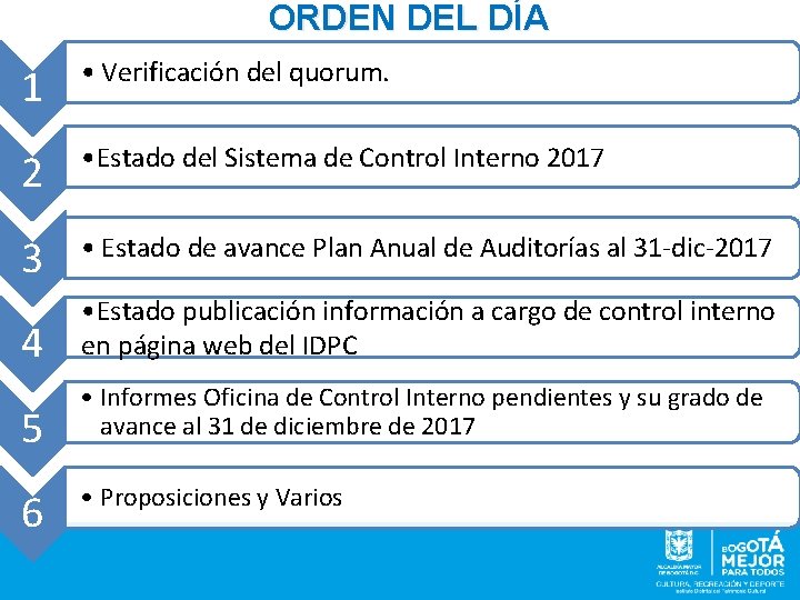 ORDEN DEL DÍA 1 • Verificación del quorum. 2 • Estado del Sistema de