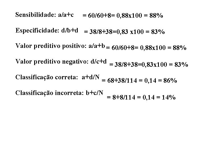 Sensibilidade: a/a+c = 60/60+8= 0, 88 x 100 = 88% Especificidade: d/b+d = 38/8+38=0,