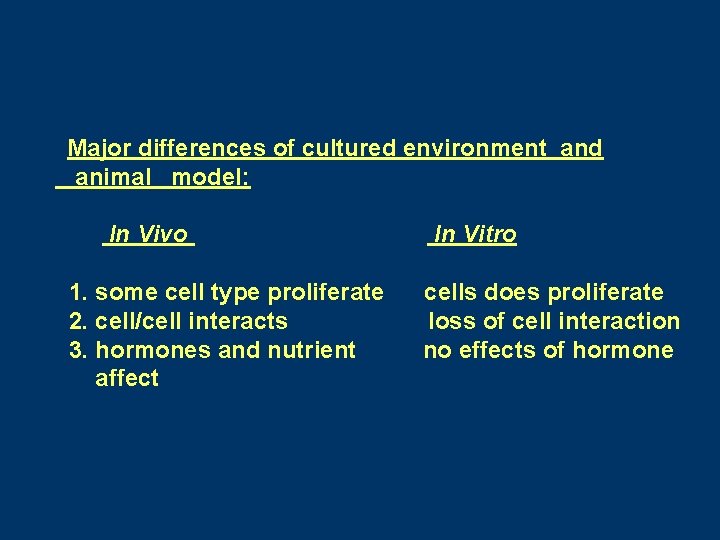 Major differences of cultured environment and animal model: In Vivo 1. some cell type Major differences of cultured environment and animal model: In Vivo 1. some cell type