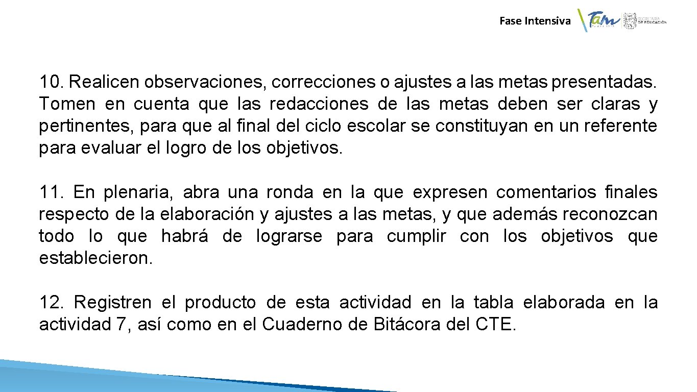  Fase Intensiva 10. Realicen observaciones, correcciones o ajustes a las metas presentadas. Tomen