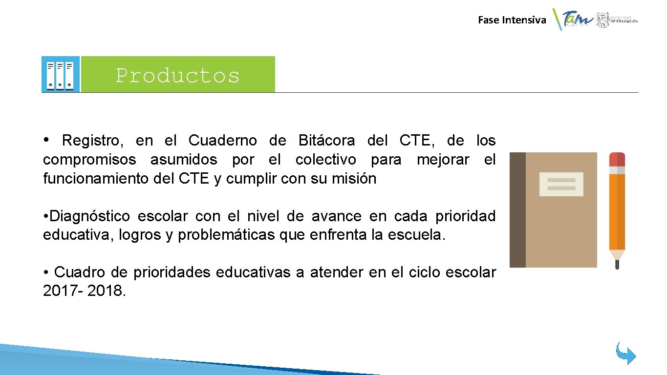  Fase Intensiva Productos • Registro, en el Cuaderno de Bitácora del CTE, de