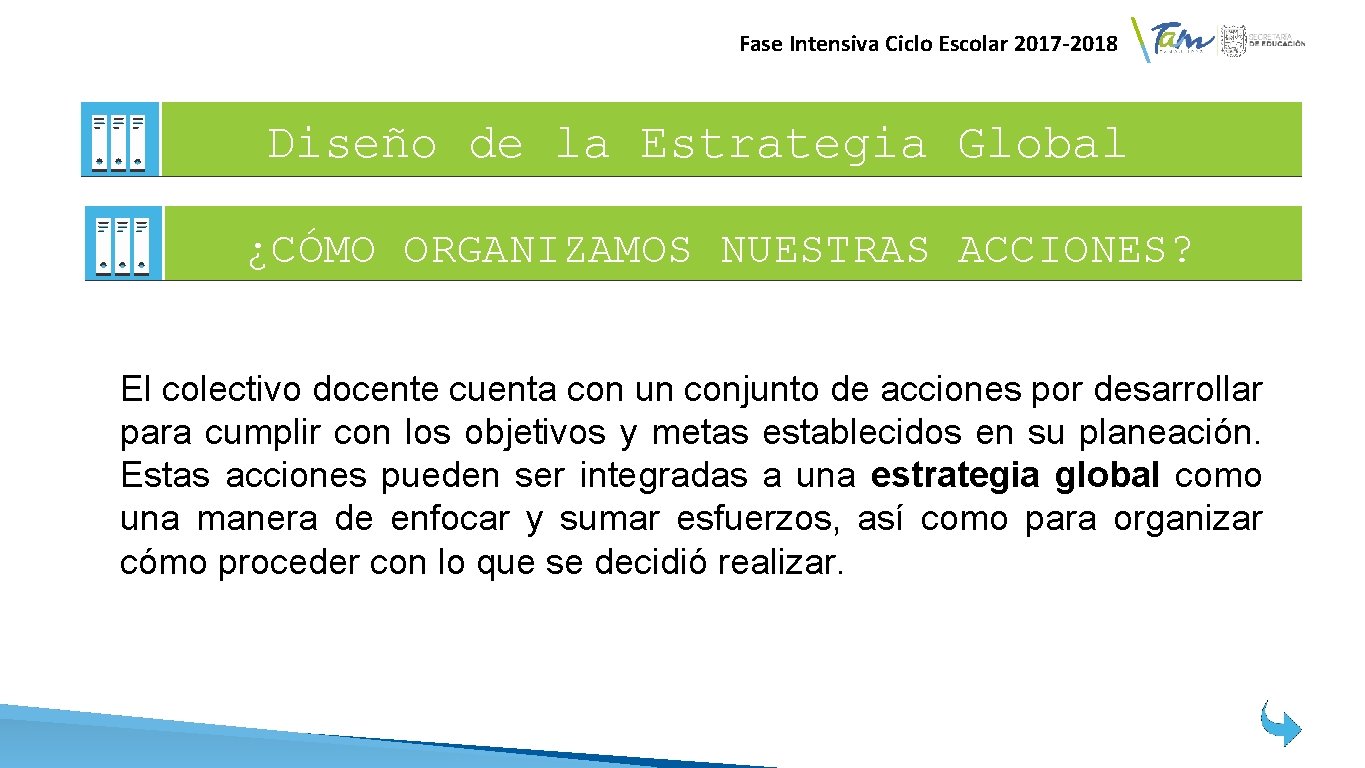 Fase Intensiva Ciclo Escolar 2017 -2018 Diseño de la Estrategia Global ¿CÓMO ORGANIZAMOS NUESTRAS