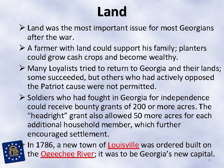 Land Ø Land was the most important issue for most Georgians after the war. Land Ø Land was the most important issue for most Georgians after the war.
