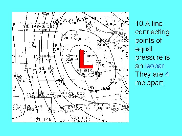 10. A line connecting points of equal pressure is an isobar. They are 4