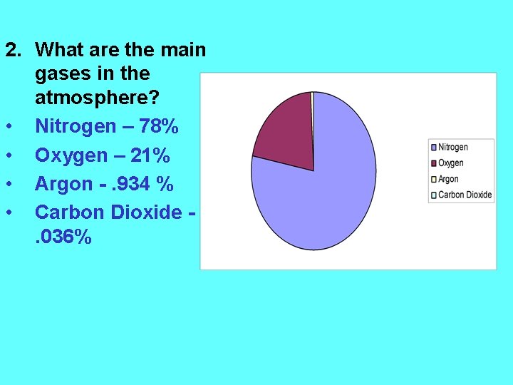 2. What are the main gases in the atmosphere? • Nitrogen – 78% •