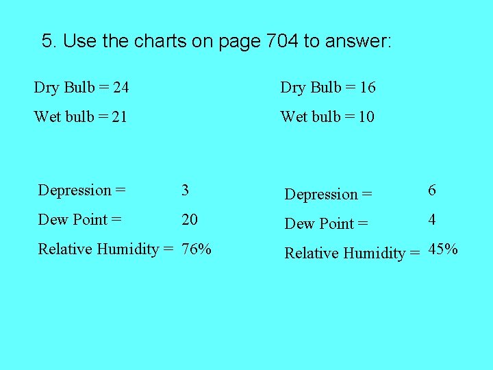 5. Use the charts on page 704 to answer: Dry Bulb = 24 Dry