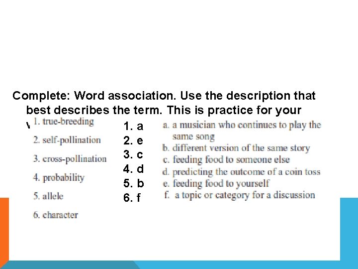 Complete: Word association. Use the description that best describes the term. This is practice