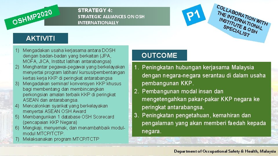 0 2 P M OSH STRATEGY 4: STRATEGIC ALLIANCES ON OSH INTERNATIONALLY P 1