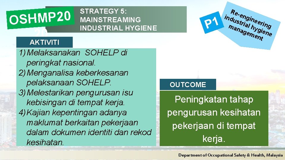 OSHMP 20 20 STRATEGY 5: MAINSTREAMING INDUSTRIAL HYGIENE P 1 AKTIVITI 1) Melaksanakan SOHELP