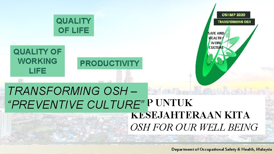 OSHMP 2020 QUALITY OF LIFE QUALITY OF WORKING LIFE TRANSFORMING OSH SAFE AND HEALTHY