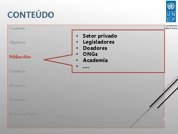 CONTEÚDO Contexto Objetivos Público-Alvo Conteúdo • • • Setor privado Legisladores Doadores ONGs Academia