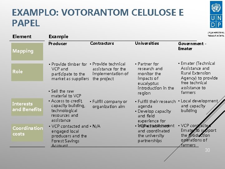 EXAMPLO: VOTORANTOM CELULOSE E PAPEL Element Example Producer Contractors Mapping Role • Provide timber