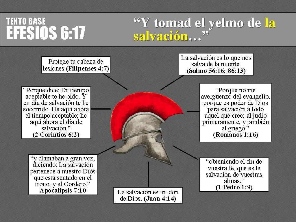 TEXTO BASE EFESIOS 6: 17 “Y tomad el yelmo de la salvación…” La salvación TEXTO BASE EFESIOS 6: 17 “Y tomad el yelmo de la salvación…” La salvación