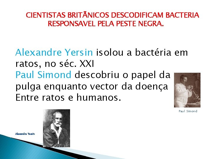 CIENTISTAS BRITÃNICOS DESCODIFICAM BACTERIA RESPONSAVEL PELA PESTE NEGRA. Alexandre Yersin isolou a bactéria em