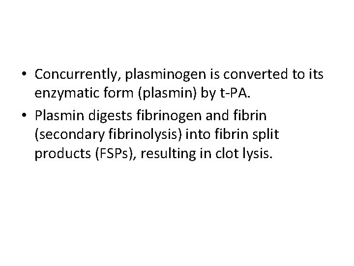  • Concurrently, plasminogen is converted to its enzymatic form (plasmin) by t-PA. •