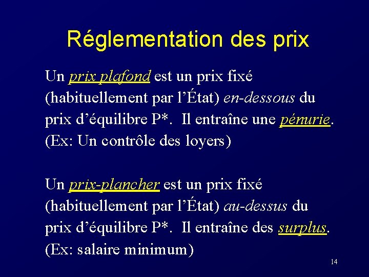 Réglementation des prix Un prix plafond est un prix fixé (habituellement par l’État) en-dessous