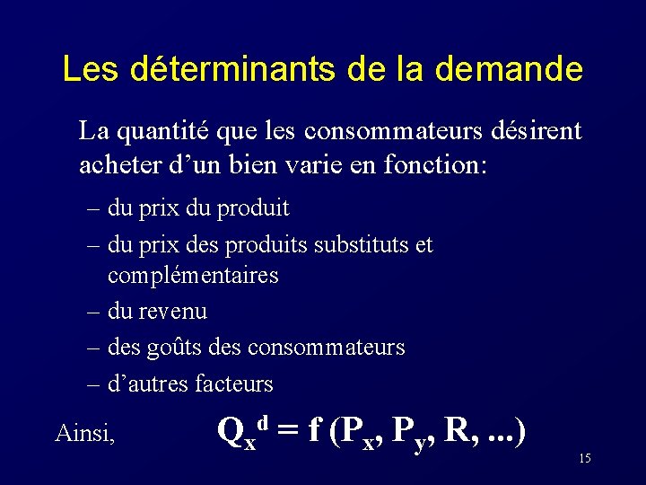 Les déterminants de la demande La quantité que les consommateurs désirent acheter d’un bien