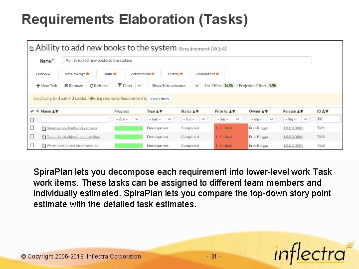 Requirements Elaboration (Tasks) Spira. Plan lets you decompose each requirement into lower-level work Task
