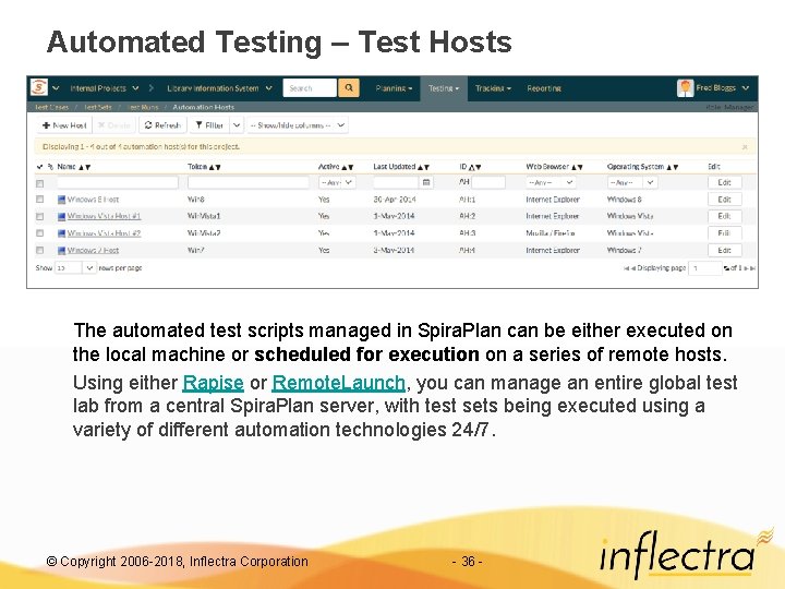 Automated Testing – Test Hosts The automated test scripts managed in Spira. Plan can