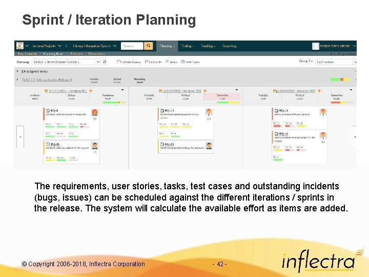 Sprint / Iteration Planning The requirements, user stories, tasks, test cases and outstanding incidents