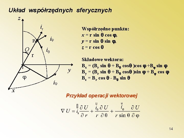 Układ współrzędnych sferycznych z ir Współrzędne punktu: i P Q x r x =