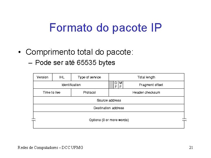 Formato do pacote IP • Comprimento total do pacote: – Pode ser até 65535