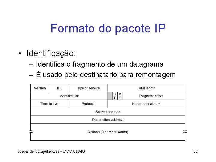 Formato do pacote IP • Identificação: – Identifica o fragmento de um datagrama –