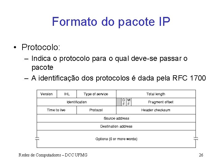 Formato do pacote IP • Protocolo: – Indica o protocolo para o qual deve-se