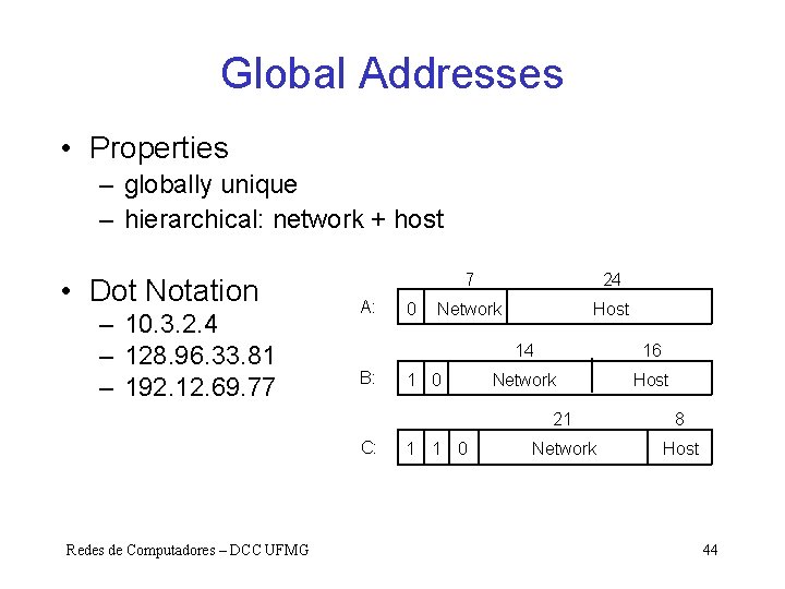 Global Addresses • Properties – globally unique – hierarchical: network + host • Dot