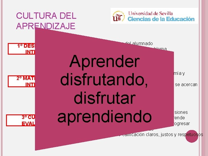 CULTURA DEL APRENDIZAJE 1º DESPERTAR INTERÉS 2º MATENER EL INTERÉS 3º CUIDAR LA EVALUACIÓN