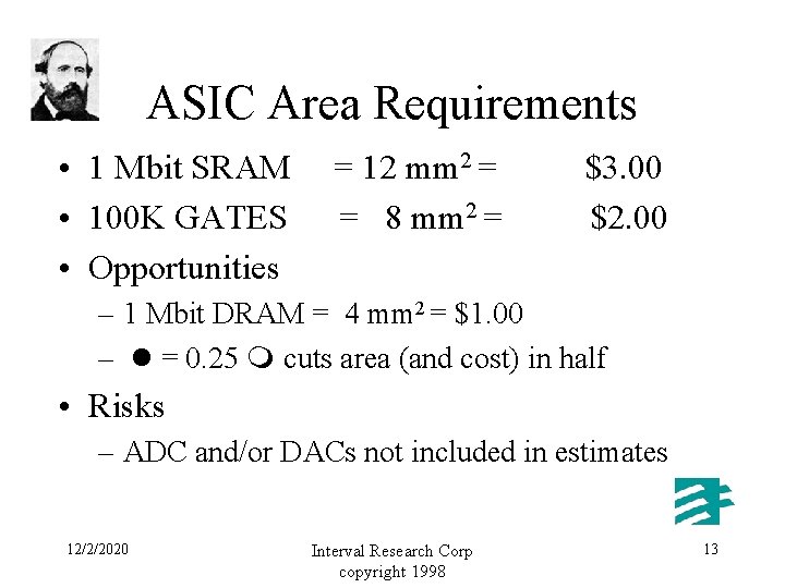 ASIC Area Requirements • 1 Mbit SRAM • 100 K GATES • Opportunities =