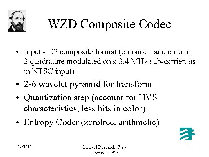 WZD Composite Codec • Input - D 2 composite format (chroma 1 and chroma