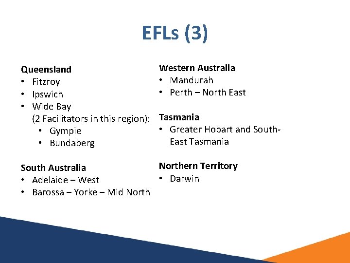EFLs (3) Queensland • Fitzroy • Ipswich • Wide Bay (2 Facilitators in this EFLs (3) Queensland • Fitzroy • Ipswich • Wide Bay (2 Facilitators in this