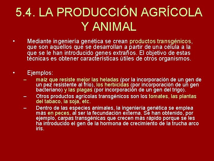 5. 4. LA PRODUCCIÓN AGRÍCOLA Y ANIMAL • Mediante ingeniería genética se crean productos