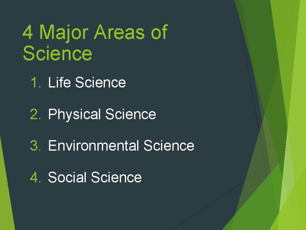 4 Major Areas of Science 1. Life Science 2. Physical Science 3. Environmental Science