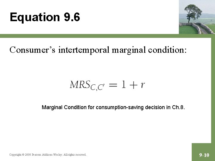 Equation 9. 6 Consumer’s intertemporal marginal condition: Marginal Condition for consumption-saving decision in Ch.