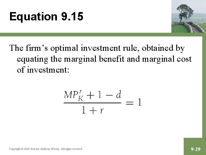 Equation 9. 15 The firm’s optimal investment rule, obtained by equating the marginal benefit