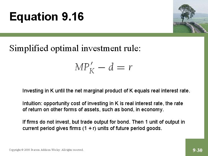 Equation 9. 16 Simplified optimal investment rule: Investing in K until the net marginal