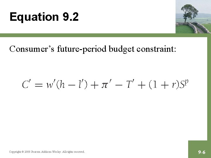 Equation 9. 2 Consumer’s future-period budget constraint: Copyright © 2008 Pearson Addison-Wesley. All rights
