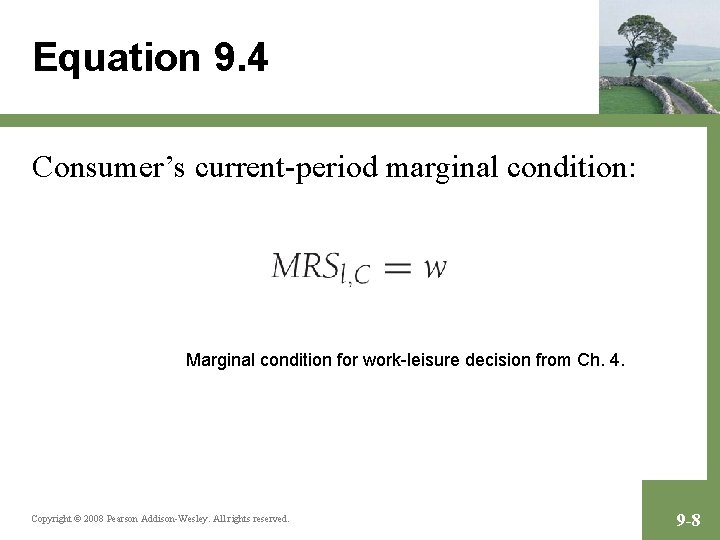 Equation 9. 4 Consumer’s current-period marginal condition: Marginal condition for work-leisure decision from Ch.