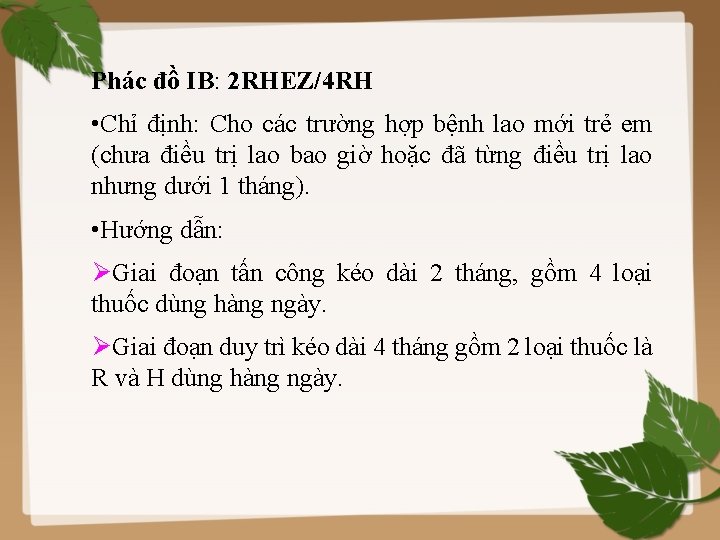 Phác đồ IB: 2 RHEZ/4 RH • Chỉ định: Cho các trường hợp bệnh