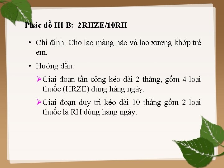 Phác đồ III B: 2 RHZE/10 RH • Chỉ định: Cho lao màng não