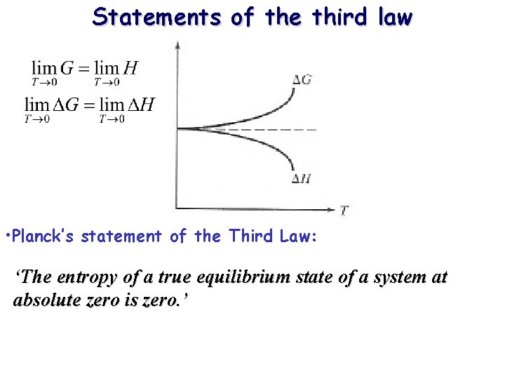 Statements of the third law • Planck’s statement of the Third Law: ‘The entropy