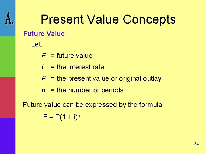 Present Value Concepts Future Value Let: F = future value i = the interest