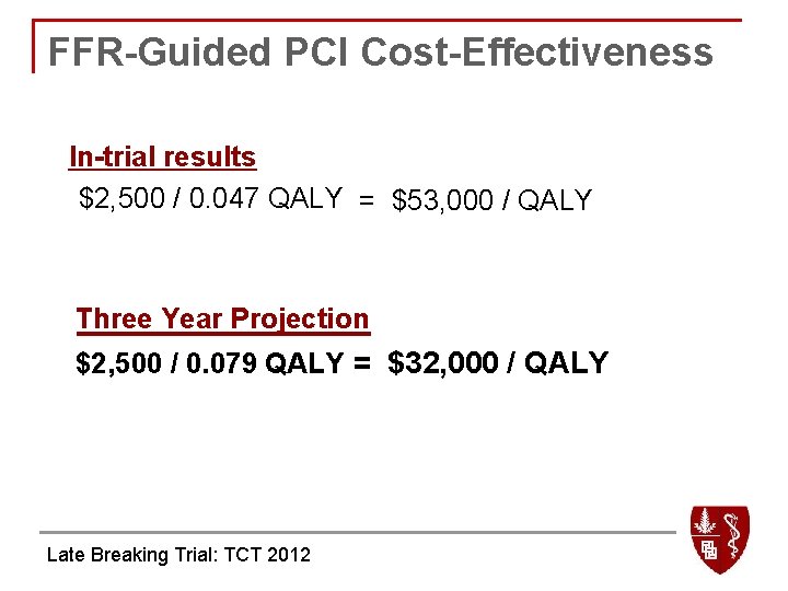 FFR-Guided PCI Cost-Effectiveness In-trial results $2, 500 / 0. 047 QALY = $53, 000