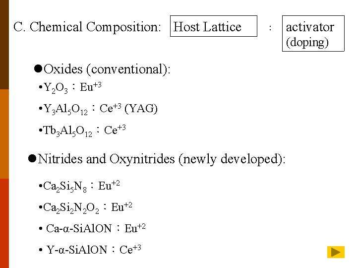 C. Chemical Composition: Host Lattice ： activator (doping) l. Oxides (conventional): • Y 2