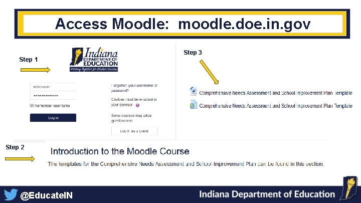 To Access Moodle: moodle. doe. in. gov Access Moodle: Step 3 Step 1 Step