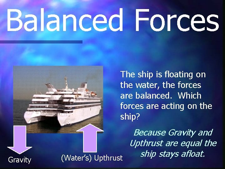 Balanced Forces The ship is floating on the water, the forces are balanced. Which