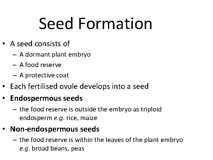 Seed Formation • A seed consists of – A dormant plant embryo – A