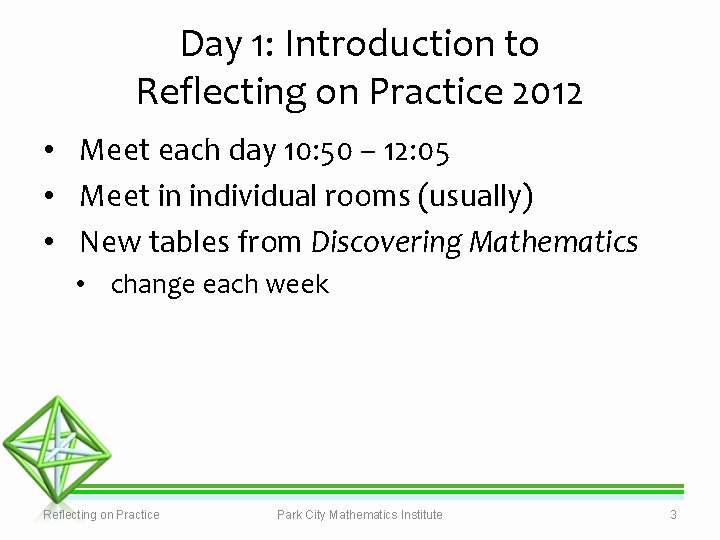 Day 1: Introduction to Reflecting on Practice 2012 • Meet each day 10: 50
